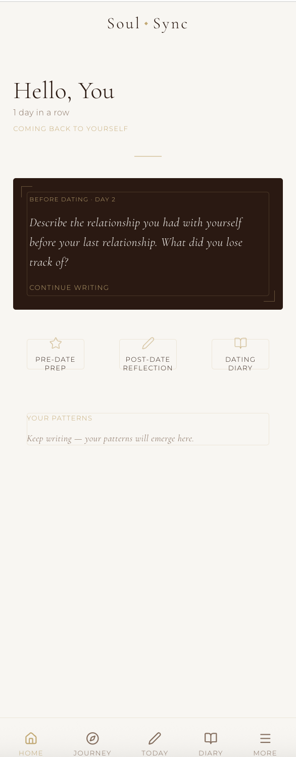 Soul Sync solo home screen showing daily prompt